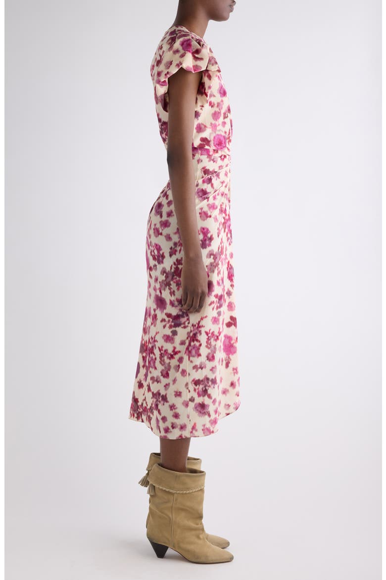 Terenae Ikat Print Bubble Sleeve Stretch Silk Midi Dress, Alternate, color, PINK