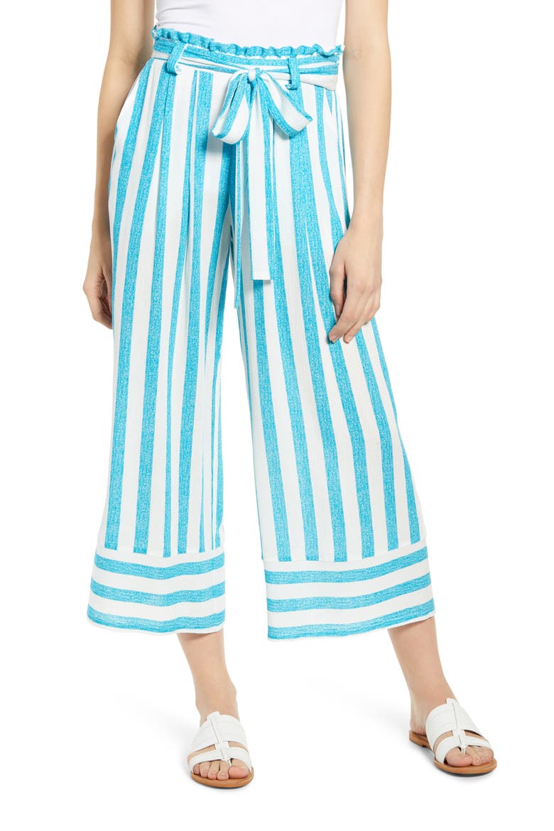 Gibson x Hi Sugarplum! Milos Wide Leg Paperbag Waist Pants, Main, color, TEAL STRIPE