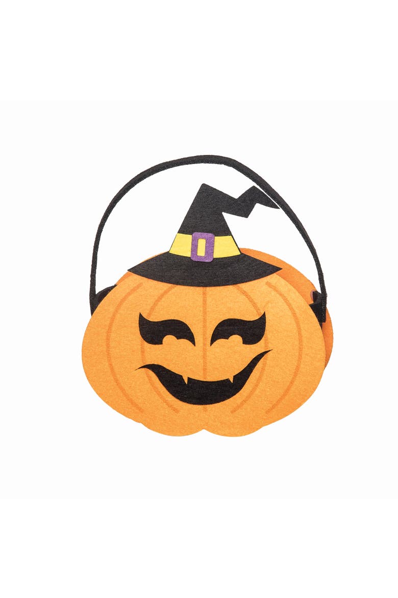 Smiling Pumpkin Jack O' Lantern w/ Witch Hat Felt Halloween Treat-Or-Trick Costume Candy Basket Tote Bucket, Main, color, Orange