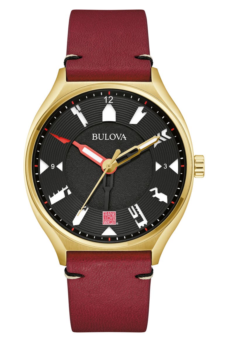 Frank Lloyd Wright Collection Leather Strap Watch, 40mm, Main, color, GOLD-TONE