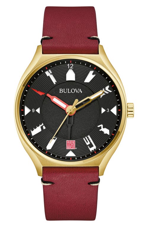 BULOVA Frank Lloyd Wright Collection Leather Strap Watch, 40mm in Gold-Tone at Nordstrom