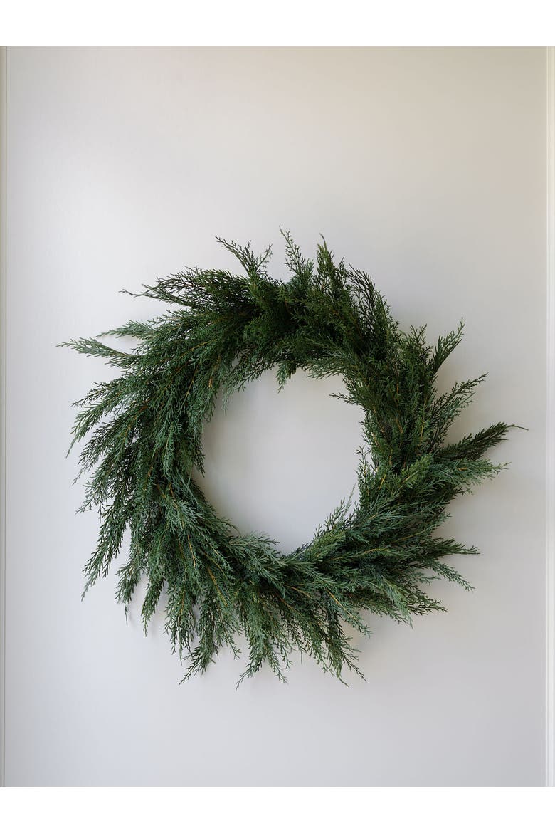 30" Faux Evergreen Cedar Wreath, Alternate, color, Green