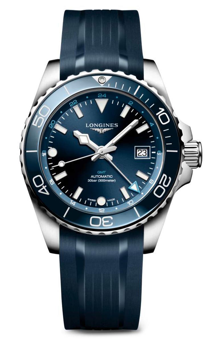 Longines HydroConquest GMT Automatic Rubber Strap Watch, 41mm, Main, color, Blue