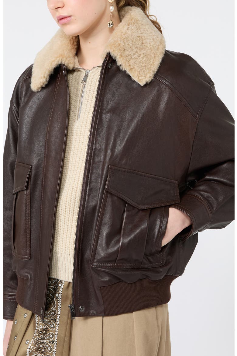 Genuine Shearling Collar Leather Bomber Jacket, Alternate, color, DARK BROWN