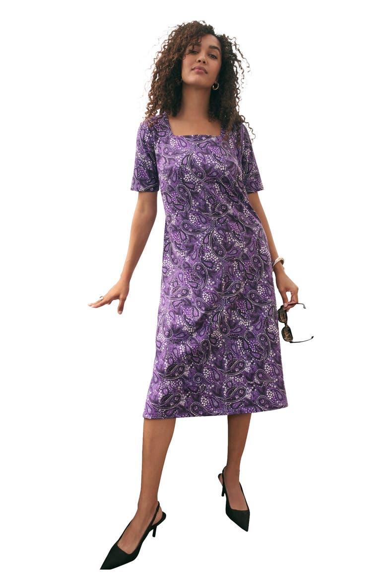 Stretch Cotton Square Neck Midi Dress, Main, color, PURPLE GARDEN PAISLEY
