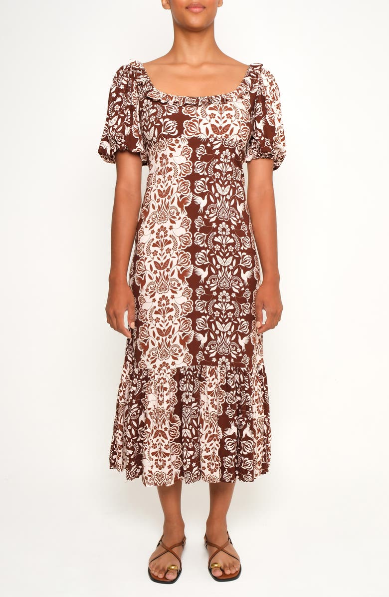The Lulo Project The Signal Mixed Print Crepe Dress, Main, color, Brown Folk Paisley