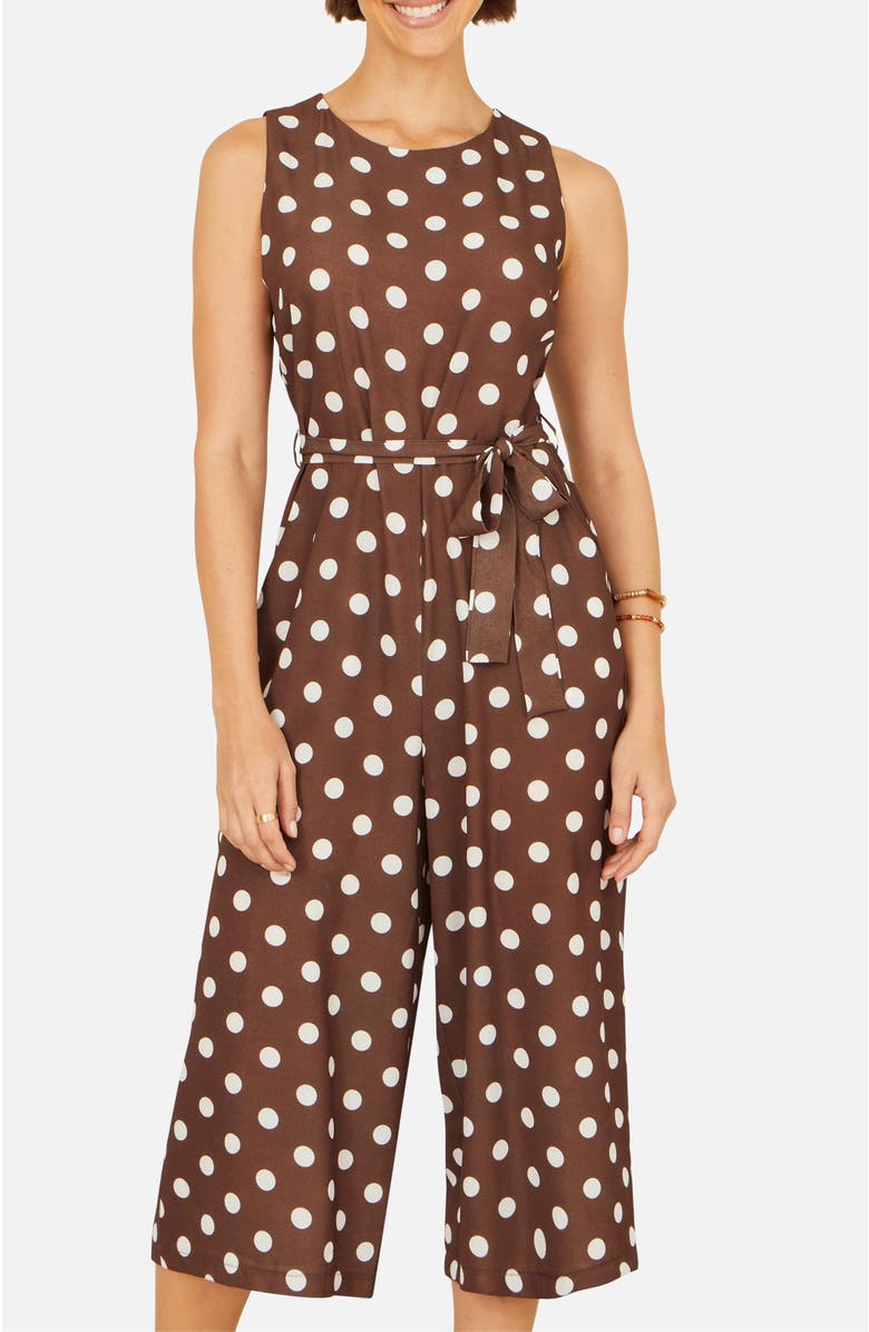 Yumi Polka Dot Culotte Jumpsuit, Alternate, color, Brown