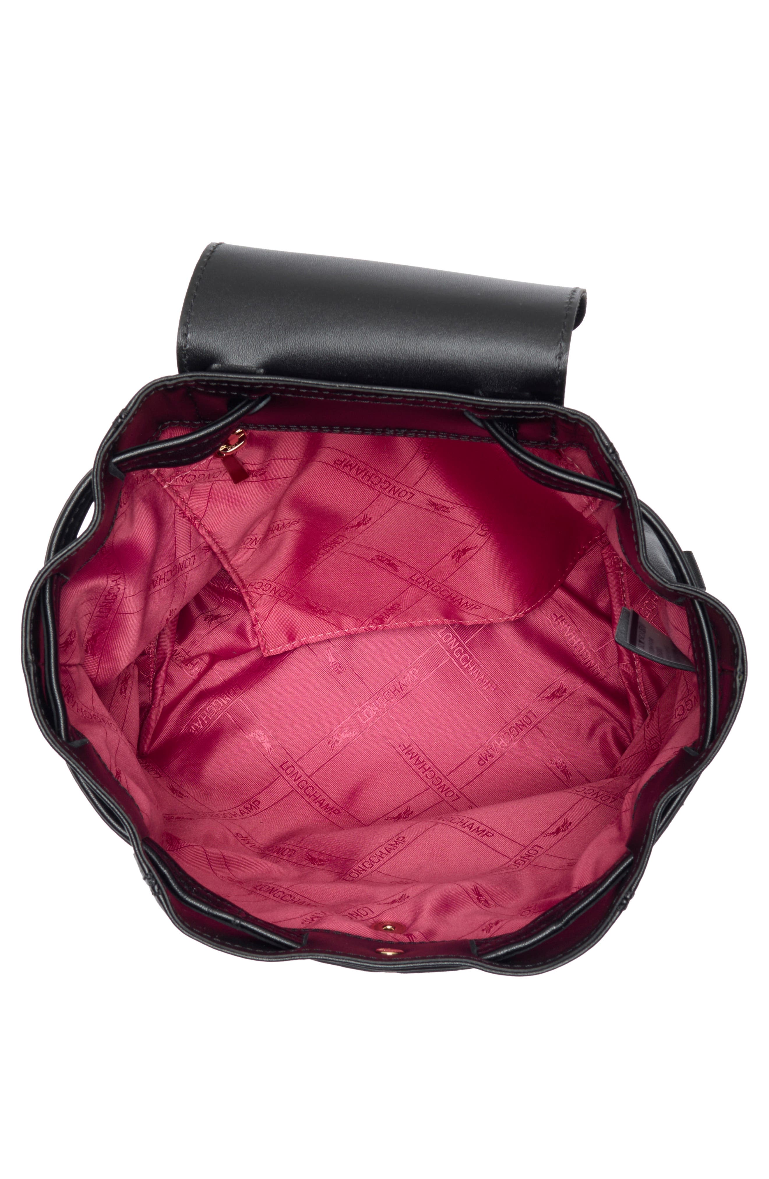 Longchamp Embroidered Leather Backpack, Alternate, color, Black/Fig/Khaki