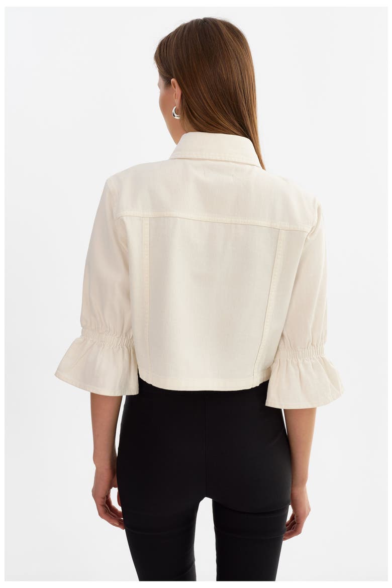 Carolina D | Denim Ruffle Sleeve Jacket, Alternate, color, White