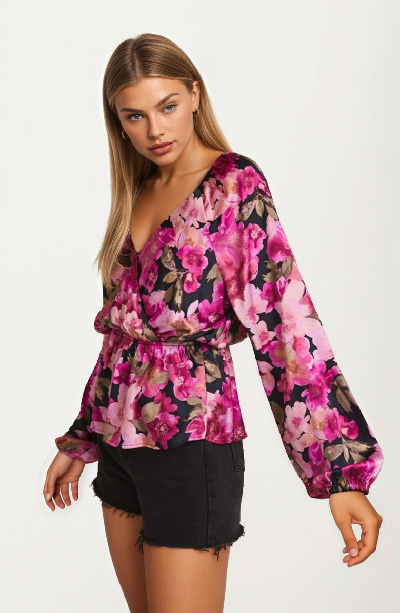 Knit and Lounge Long Sleeve V-Neck Floral Wrap Peplum Blouse, Alternate, color, Pink Floral