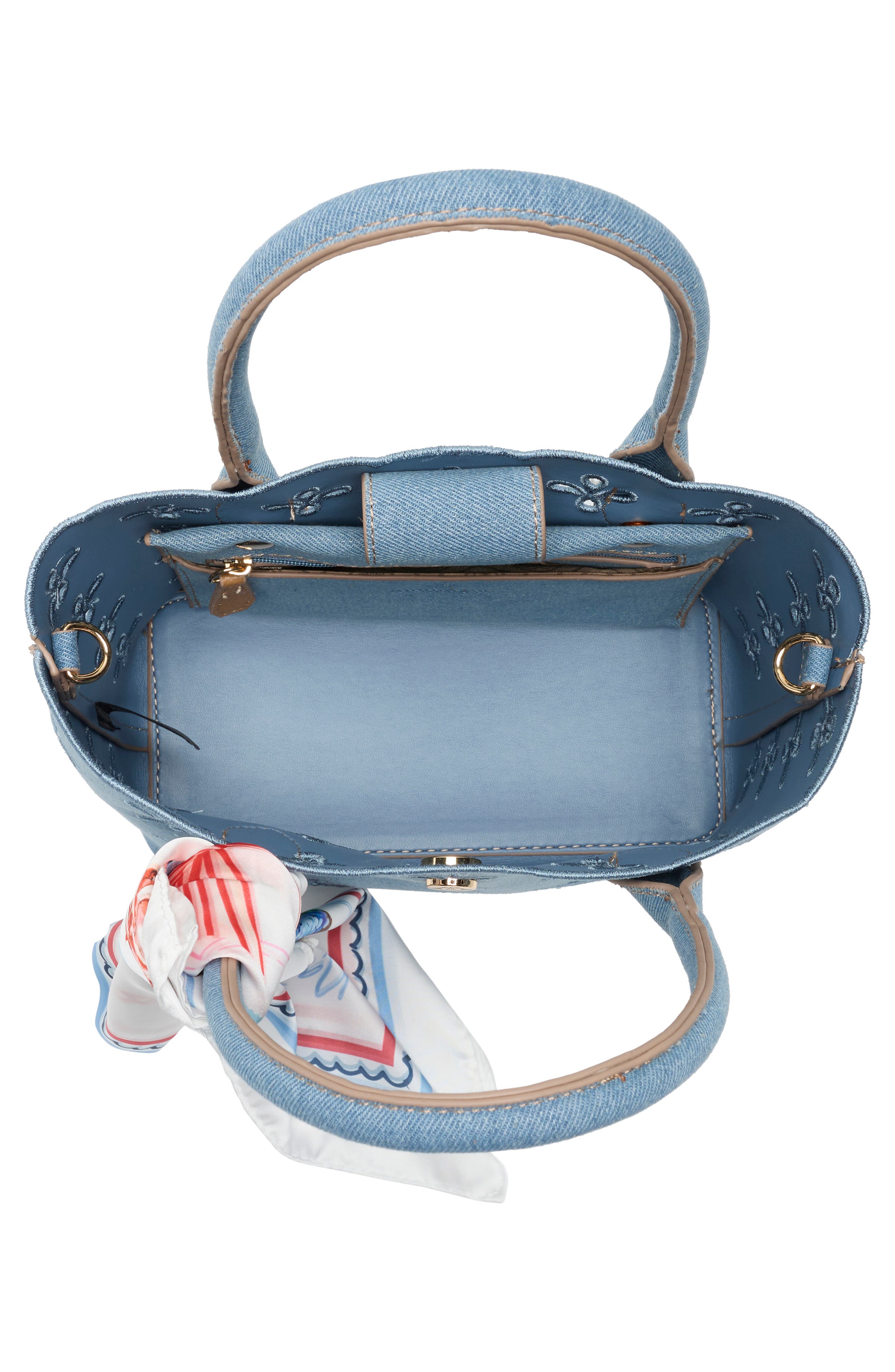 Nanette Lepore Eyelet Embroidered Denim Satchel, Alternate, color, Blue Jeans / Americana Scarf