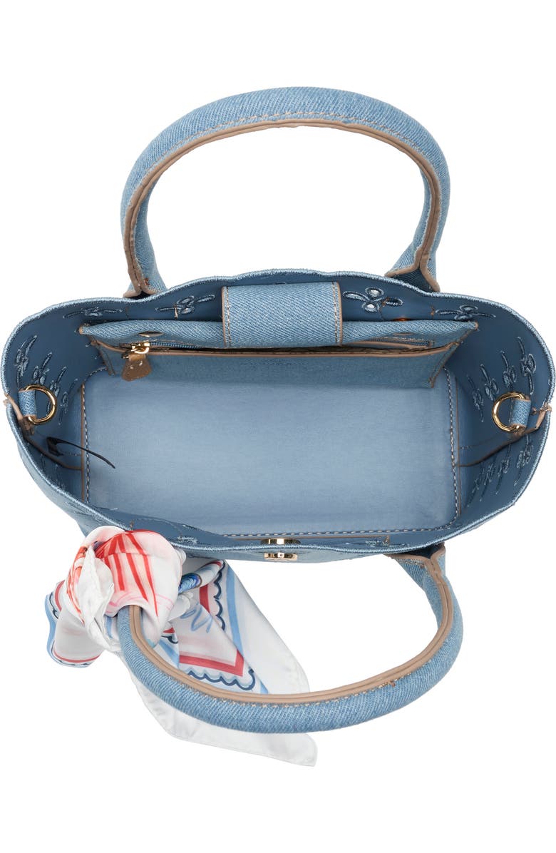 Nanette Lepore Eyelet Embroidered Denim Satchel, Alternate, color, Blue Jeans / Americana Scarf