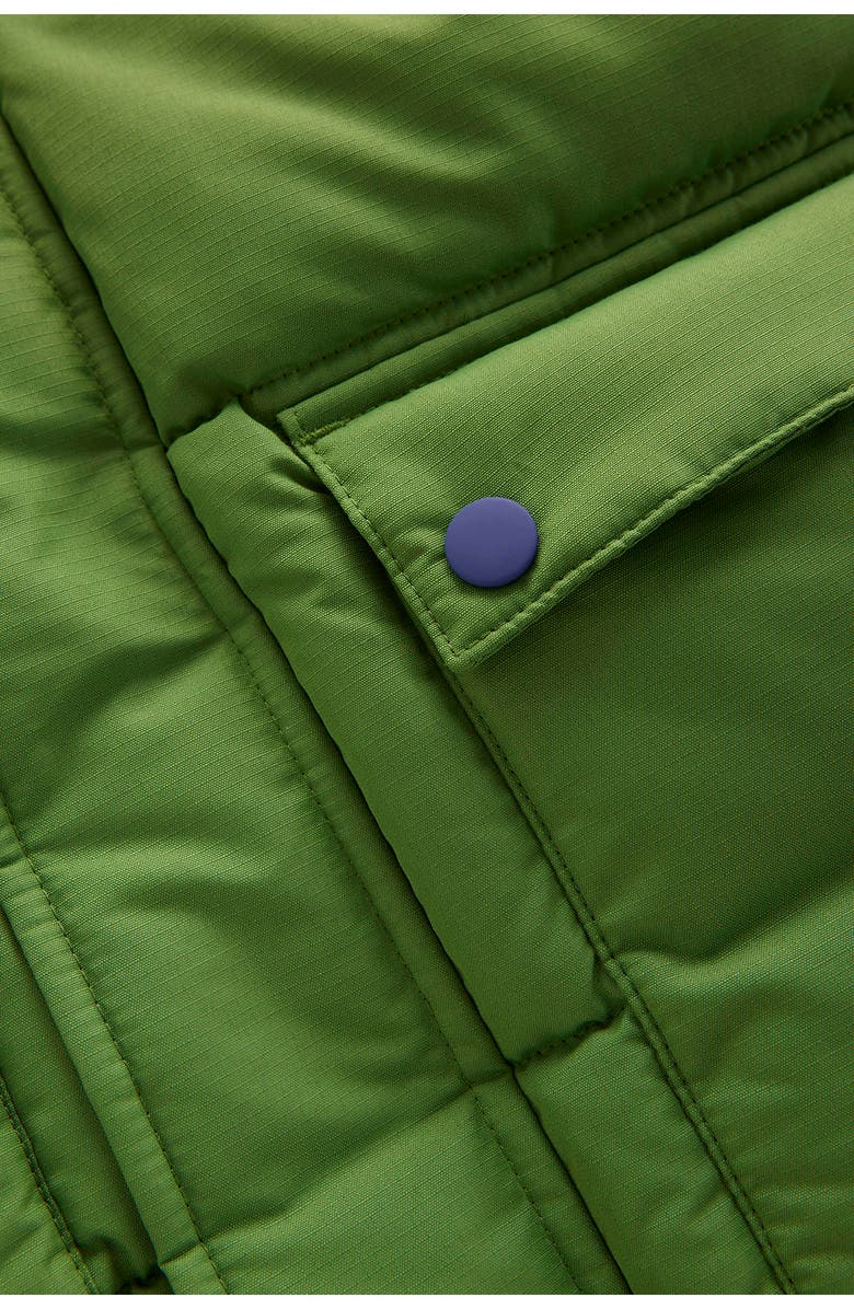 Mini Boden Kids' Fleece Lined Faux Fur Hooded Puffer Coat, Alternate, color, Color Block Green