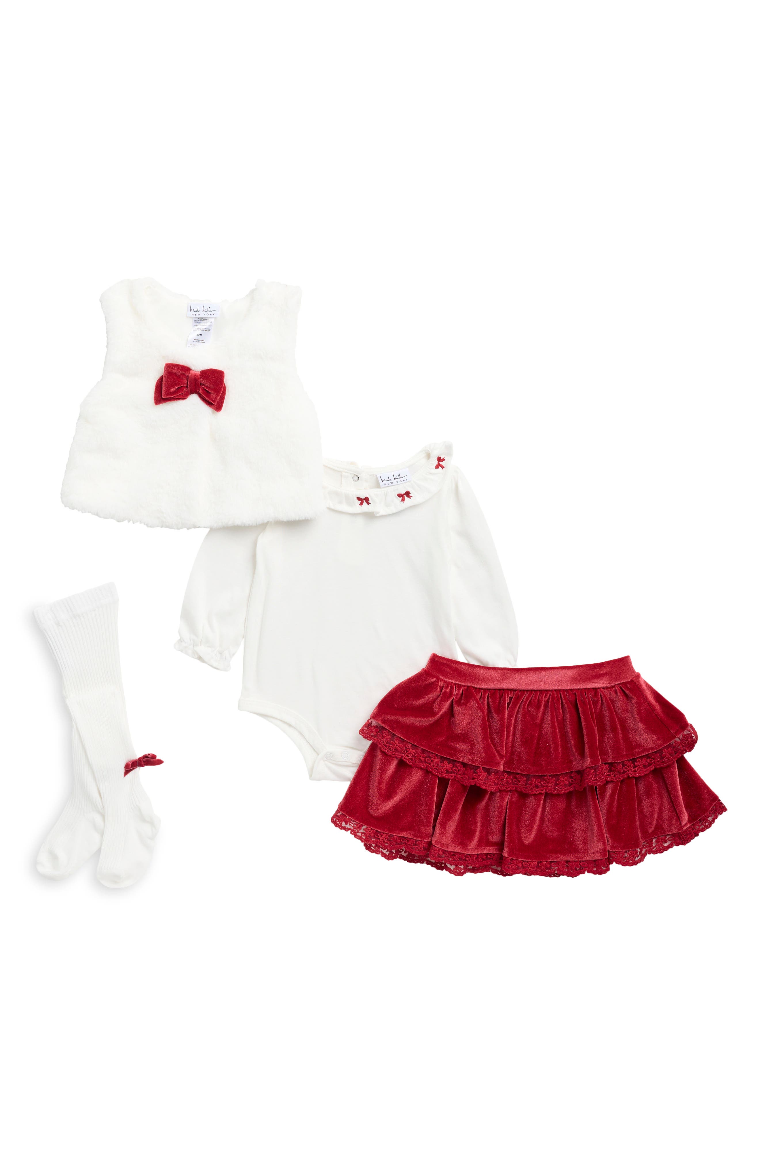 4-Piece Faux Fur Vest, Bodysuit, Skirt & Socks Set