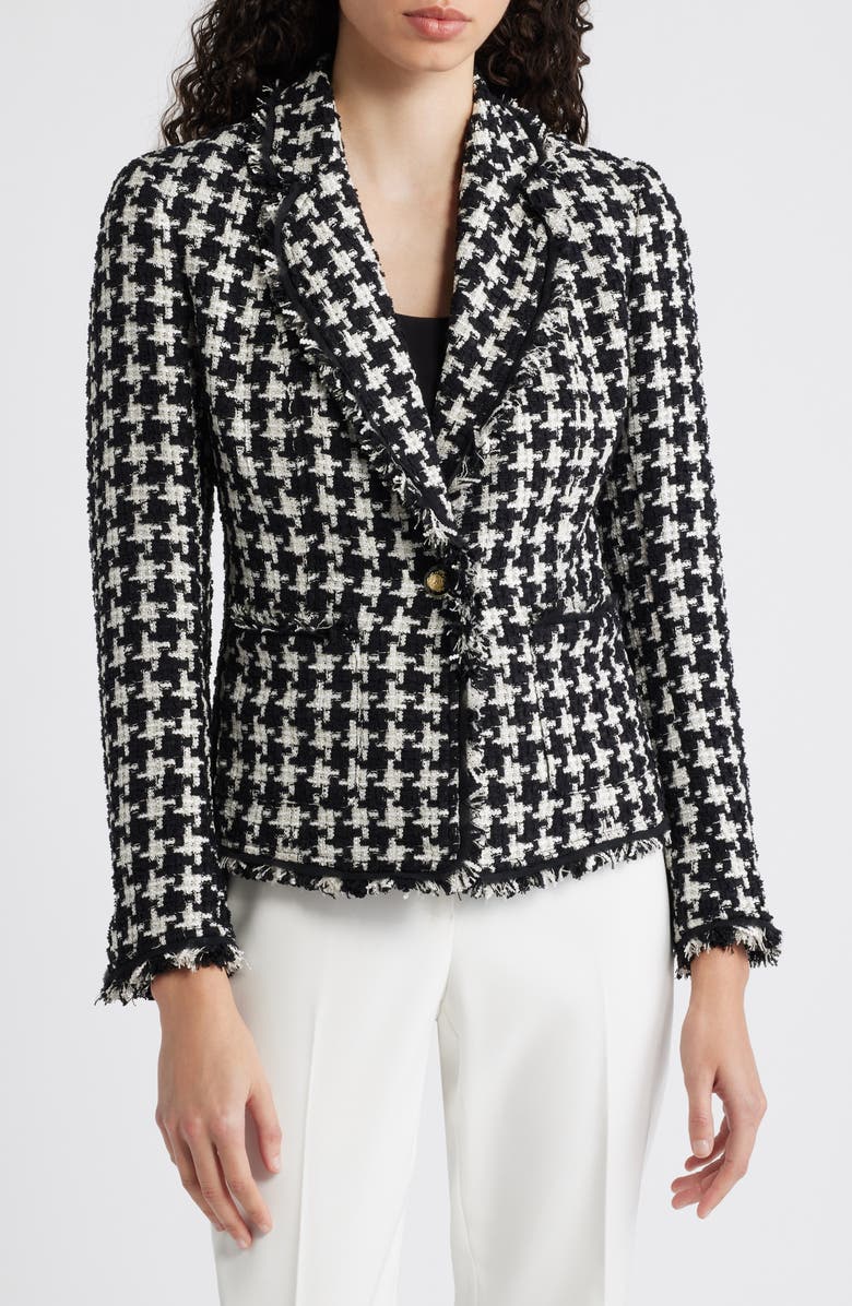 Anne Klein Houndstooth Fringe Trim Tweed Blazer, Alternate, color, 