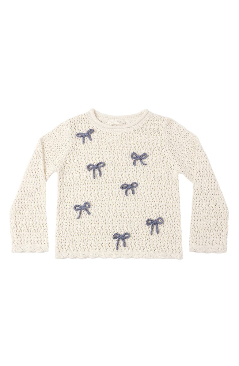 Rylee + Cru Braided Bow Appliqué Cotton Pointelle Sweater, Alternate, color, Natural