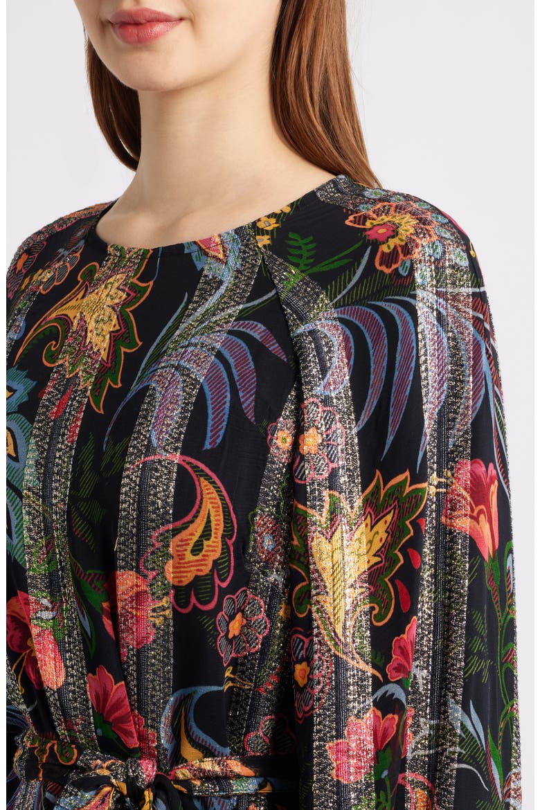 Odette Floral Metallic Long Sleeve Belted Dress, Alternate, color, BLACK