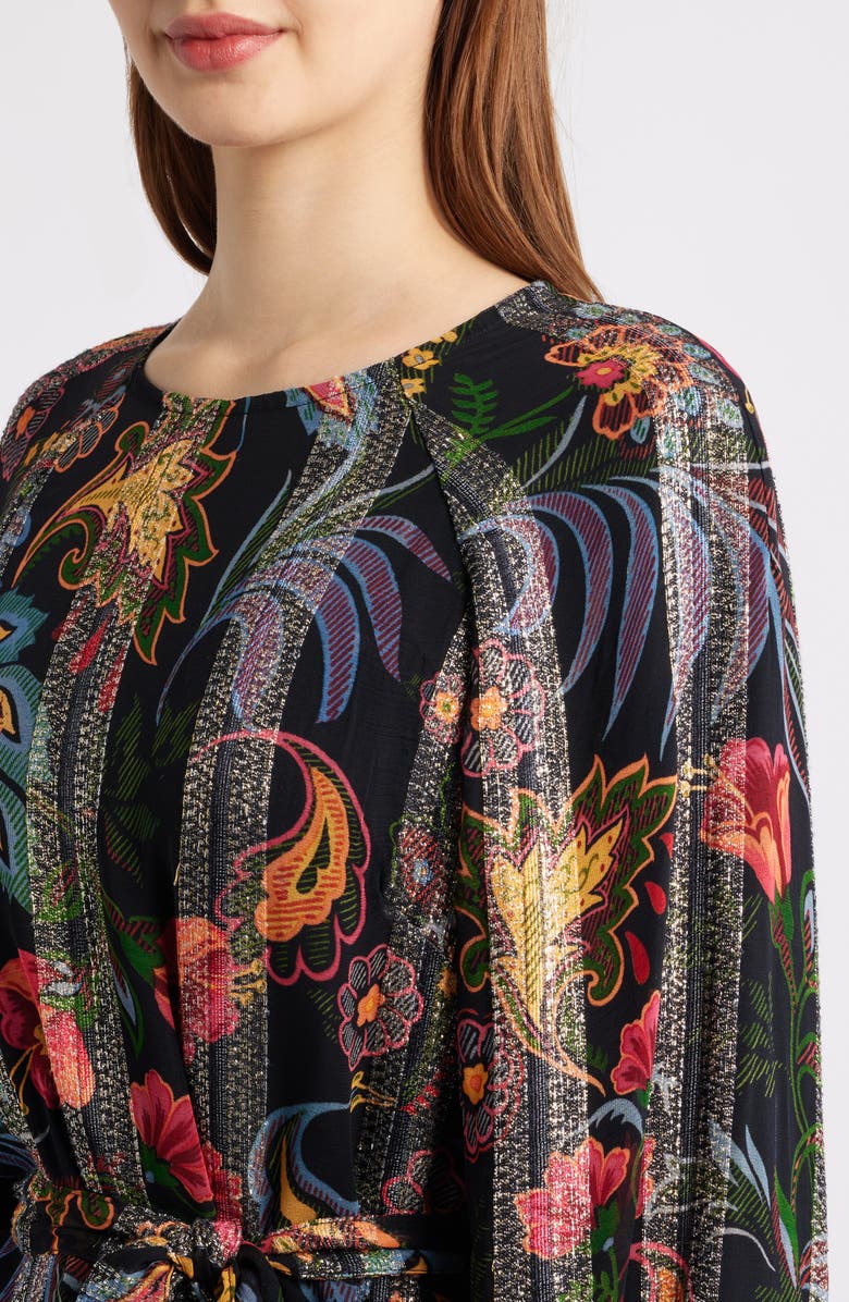 CIEBON Odette Floral Metallic Long Sleeve Belted Dress, Alternate, color, Black