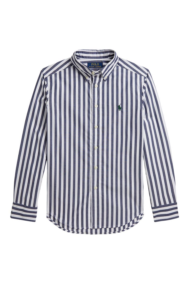 Kids' Striped Cotton Poplin Long Sleeve Button Down Shirt, Main, color, NAVY WHITE