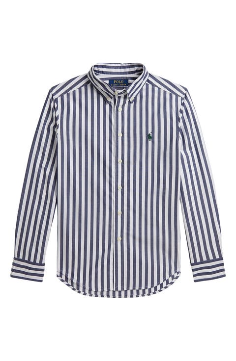 Kids' Striped Cotton Poplin Long Sleeve Button Down Shirt