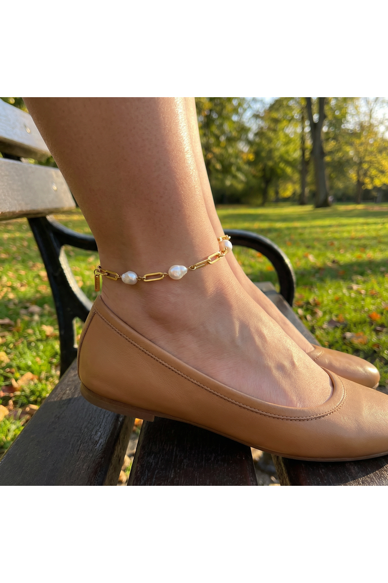 Aviv Anklet 18k Gold Plated 10" 8mm Paperclip and Freshwater Pearl, Alternate, color, 18k Yellow Gold