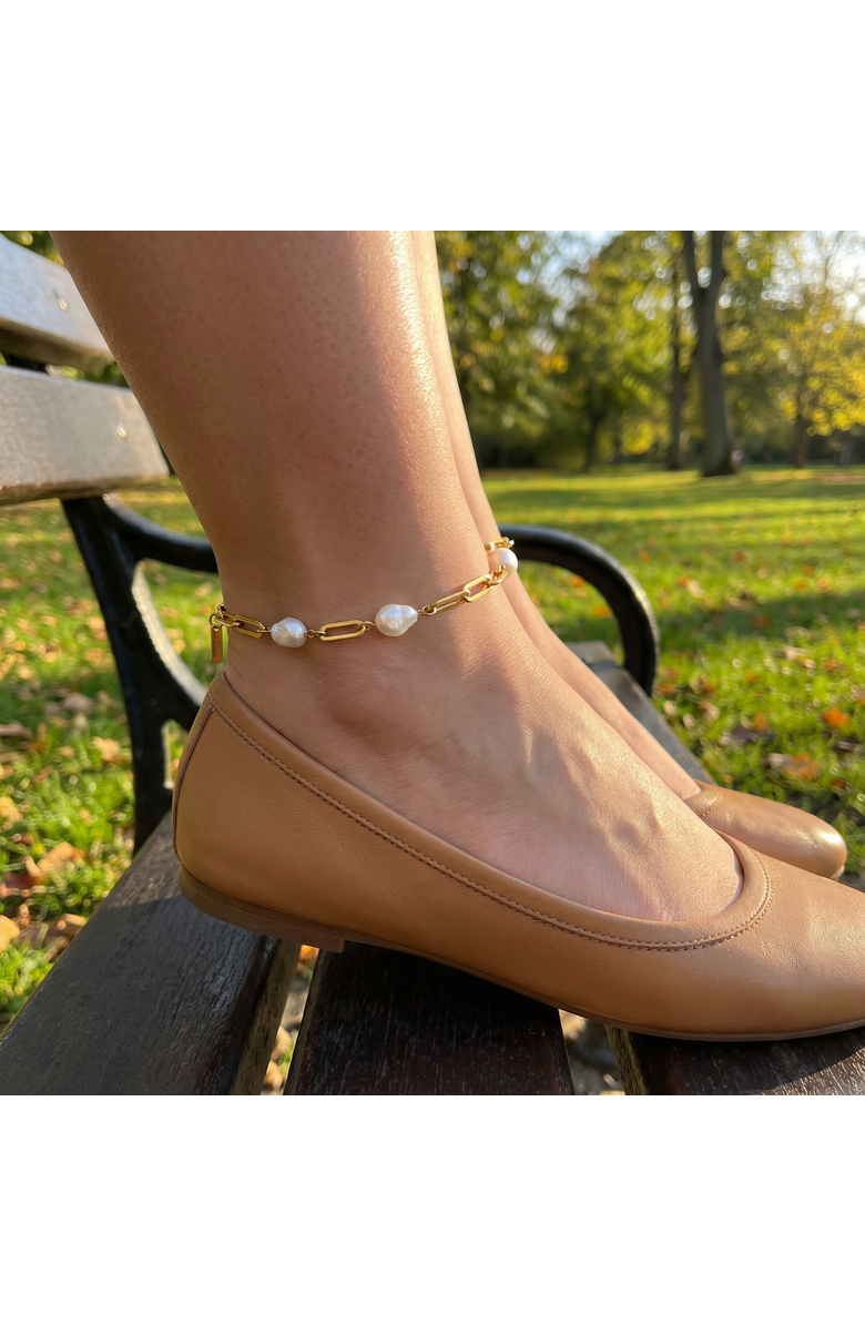 Bliss Diamond Aviv Anklet 18k Gold Plated 10" 8mm Paperclip and Freshwater Pearl, Alternate, color, 18K Yellow Gold