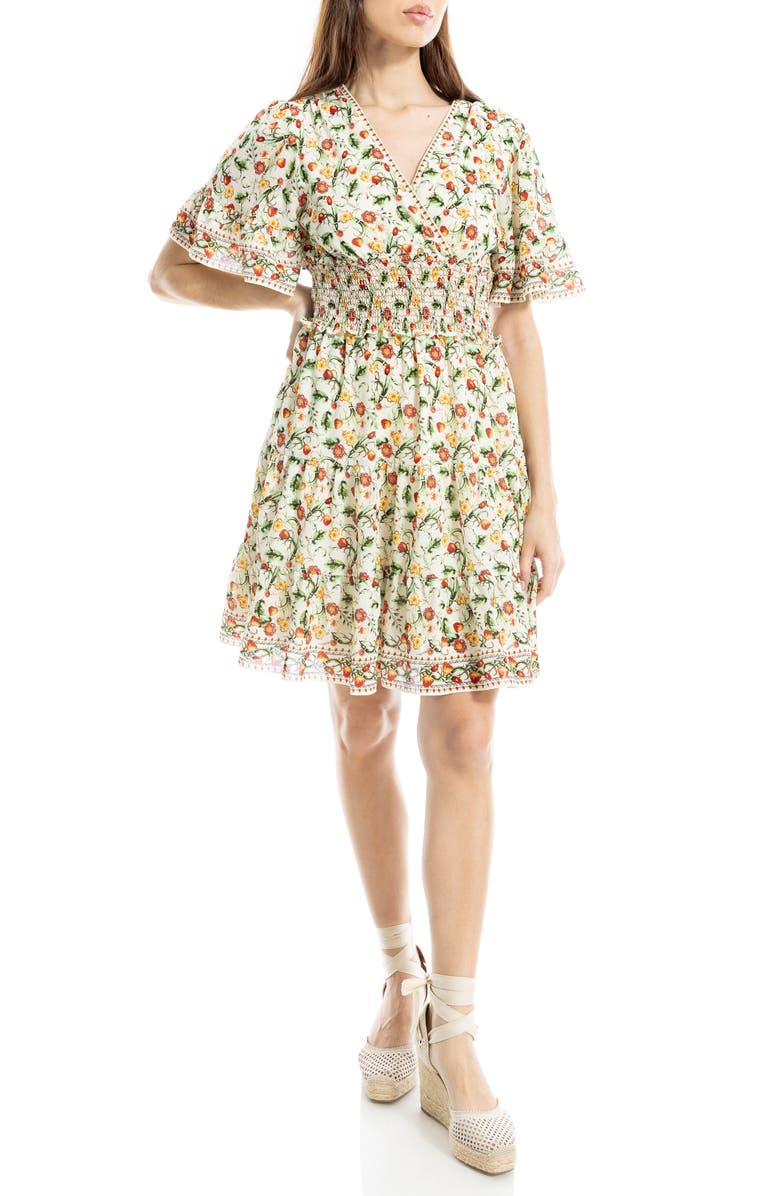 MAX STUDIO Short Bell Sleeve Fit & Flare Dress, Main, color, Cream Red Floral Foliage