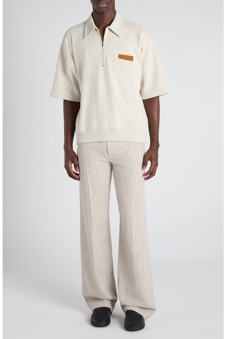 Double Cotton Mélange Jersey Quarter Zip Polo with Intrecciato Suede Patch, Alternate, color, 9781 SEA SALT MELANGE