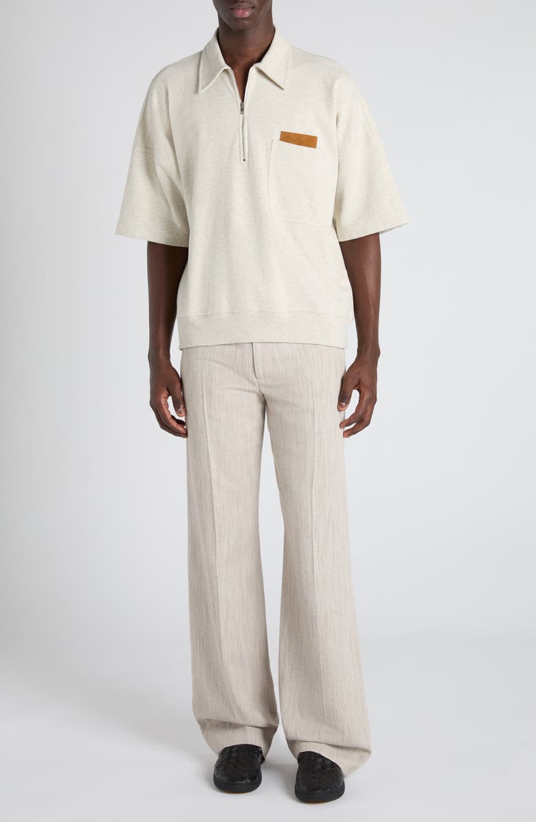 Bottega Veneta Double Cotton Mélange Jersey Quarter Zip Polo with Intrecciato Suede Patch, Alternate, color, 9781 Sea Salt Melange