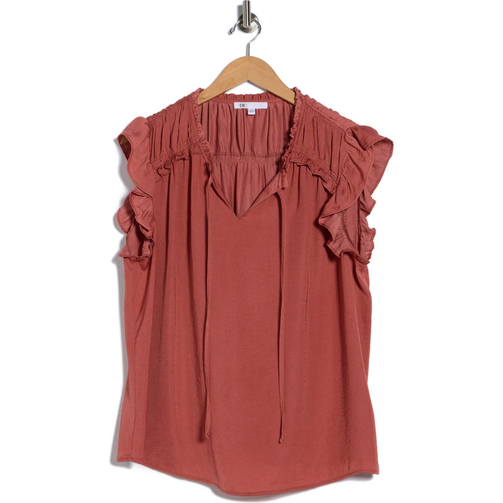 Dr2 By Daniel Rainn Satin Ruffle Split Neck Top In Burgundy