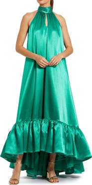 Mac Duggal Women’s Sleeveless Halter Neck Satin High-Low Gown