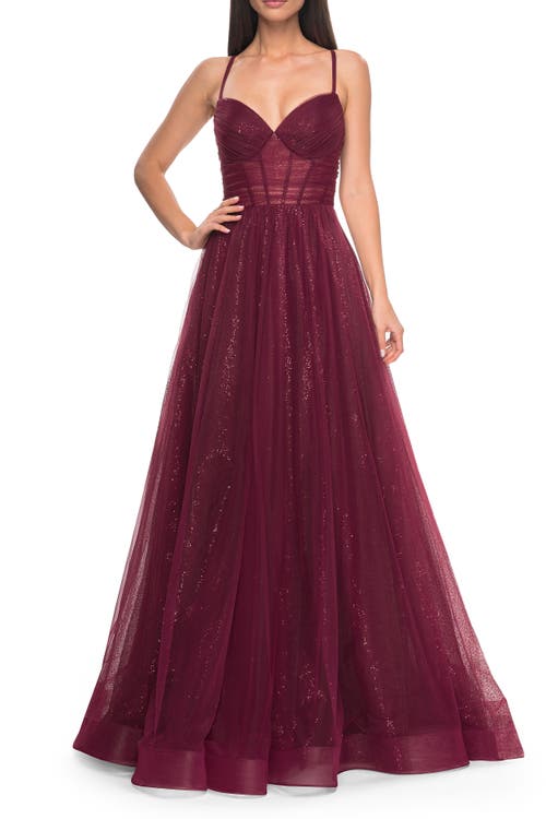 La Femme A-line Prom Dress With Sequin Lining And Illusion Top In Dark Berry
