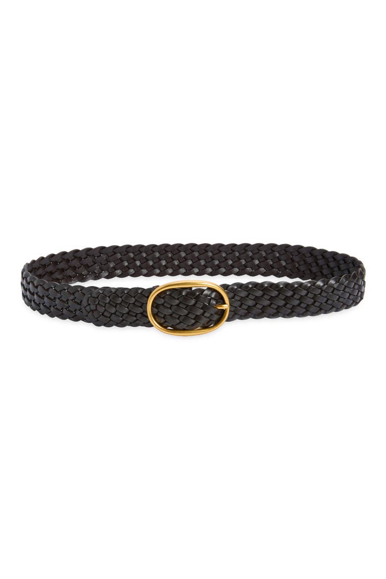Woven Leather Oval Buckle Belt, Main, color, COFFEE BEAN