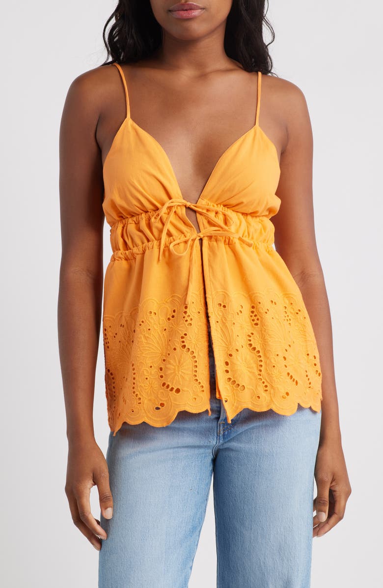 Topshop Embroidered Eyelet Tie Front Cotton Camisole, Main, color, Orange