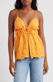 Topshop Embroidered Eyelet Tie Front Cotton Camisole