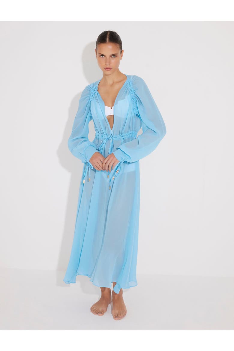 Lula Silk Blouson-Sleeve Belted Sheer Maxi Dress, Alternate, color, Blue