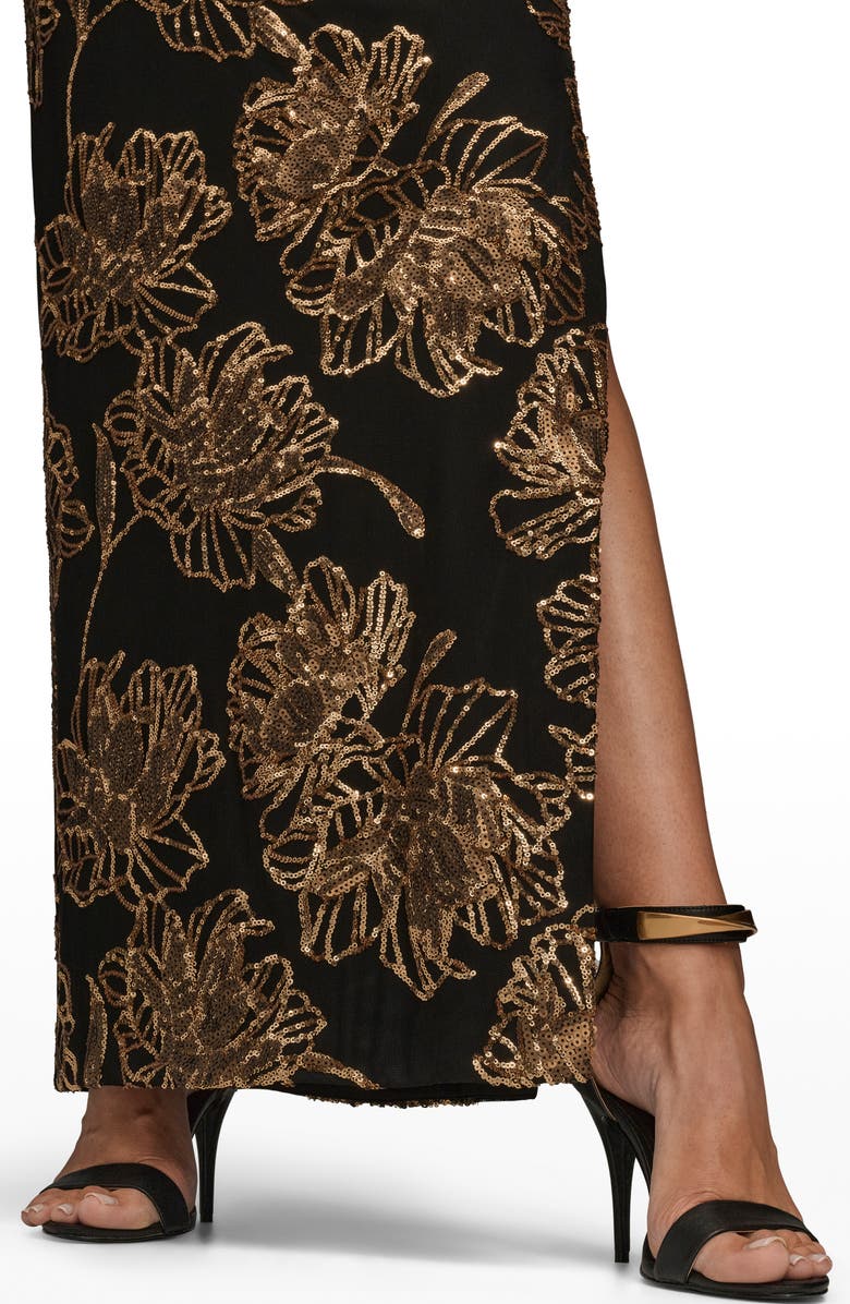 Donna Karan New York Sequin Floral Sleeveless Gown, Alternate, color, Black/ Gold