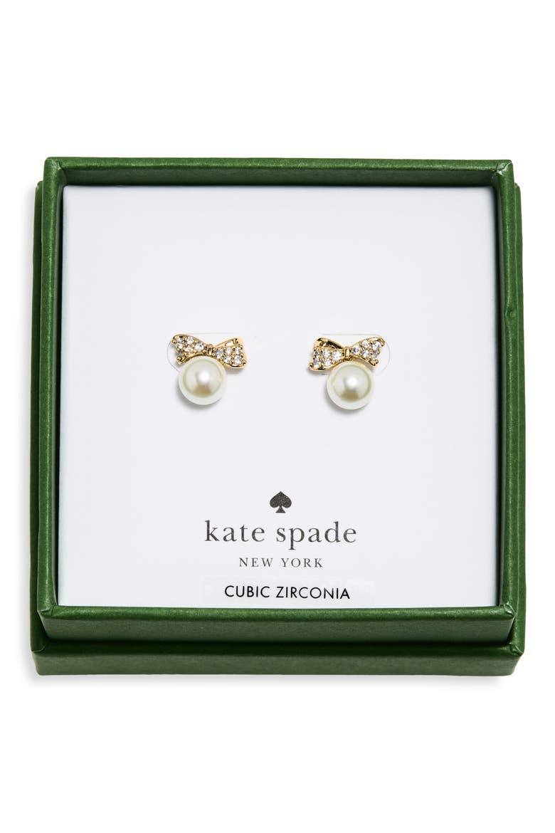 Pavé Bow Imitation Pearl Stud Earrings, Main, color, CLEAR/ GOLD
