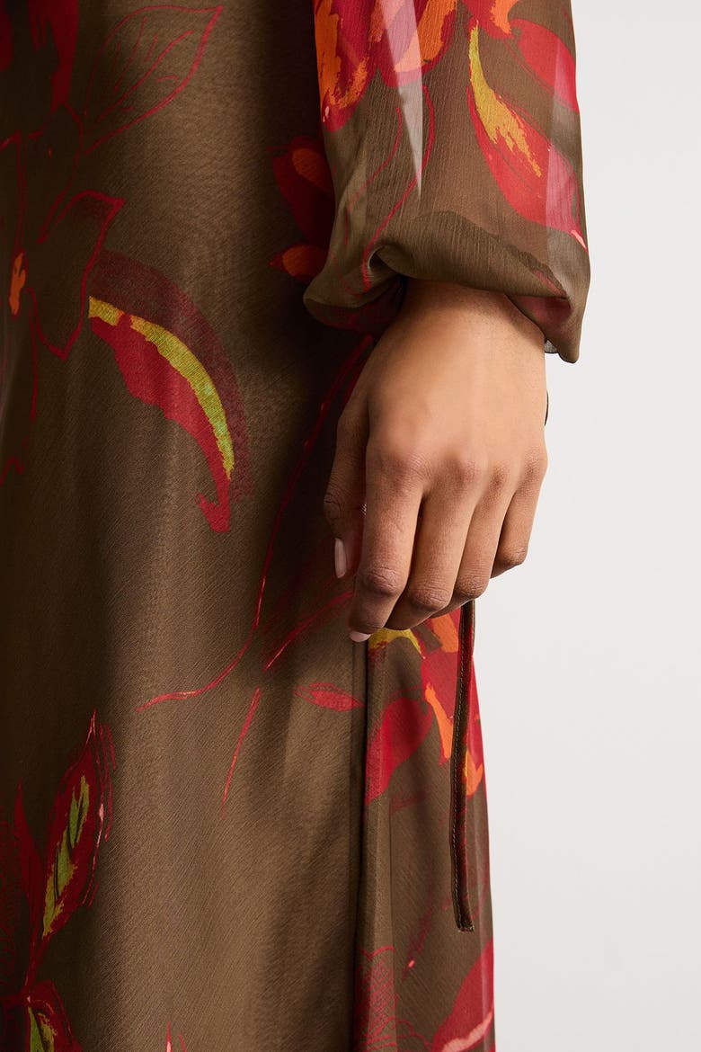 Printed V Neck Tie Detail Midi Dress, Alternate, color, Brown