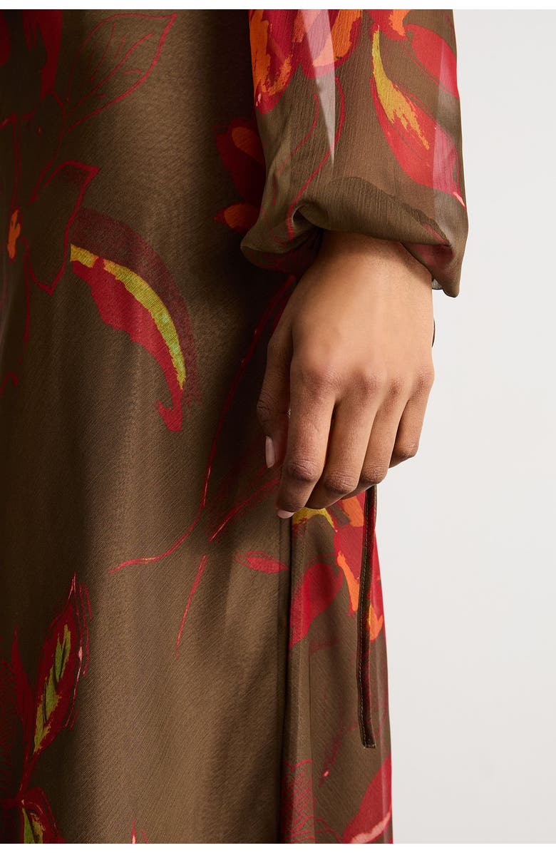 Warehouse Printed V Neck Tie Detail Midi Dress, Alternate, color, Brown