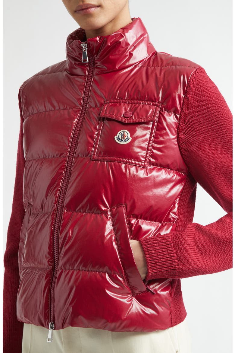 Mixed Media Quilted Down Puffer Cardigan, Alternate, color, RED