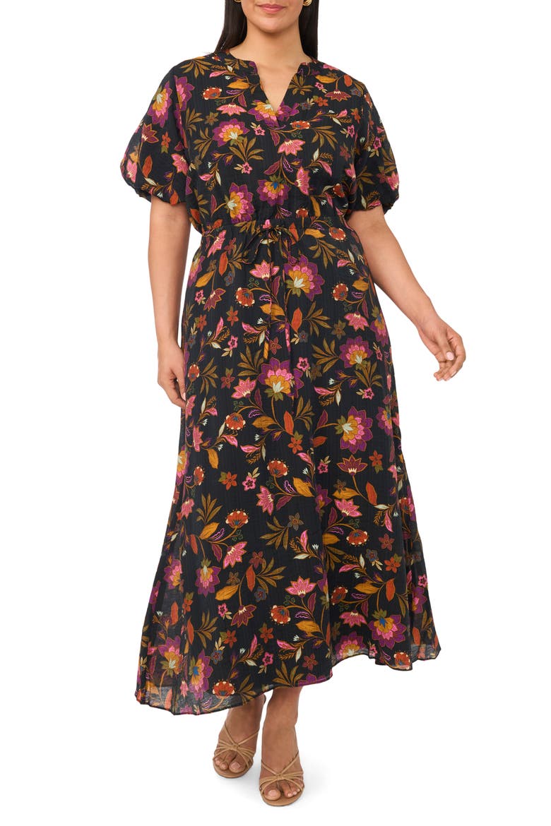Print Tie Waist Puff Sleeve Maxi Dress, Main, color, RICH BLACK