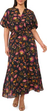 Vince Camuto Print Tie Waist Puff Sleeve Maxi Dress