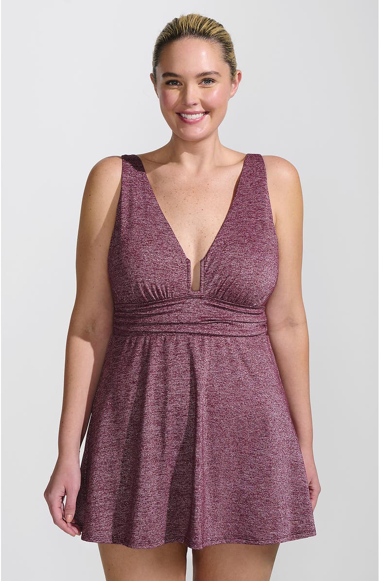 Lands' End Slender Suit Shine U-Wire Swim Dress Swimsuit, Main, color, Burgundy Shine