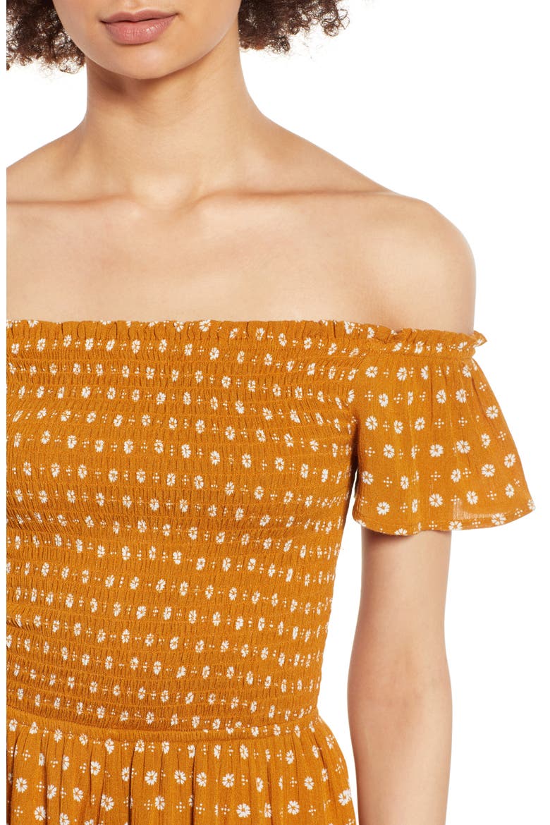 Smocked Off the Shoulder Romper, Alternate, color, MUSTARD FLORAL