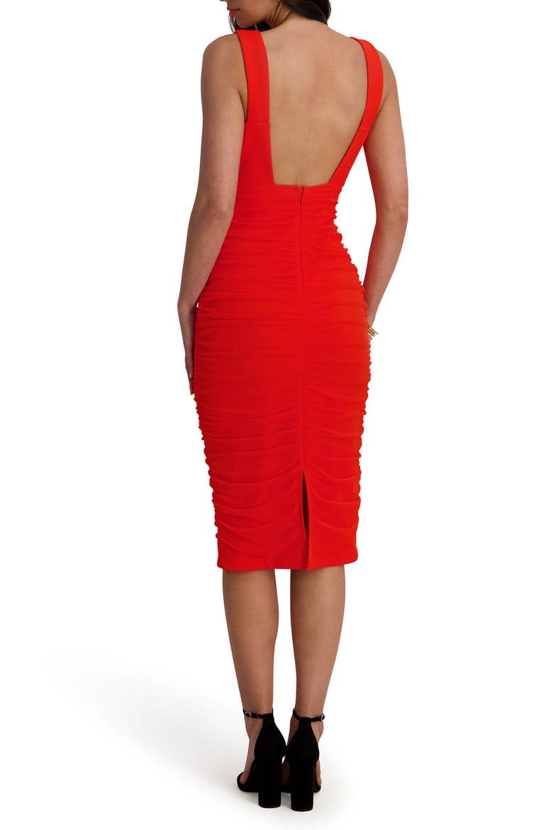 Mesh Overlay Body-Con Midi Dress, Alternate, color, HOT CORAL