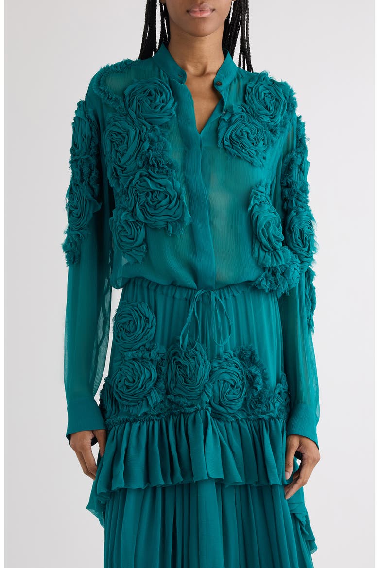Chowsa Flower Appliqué Button-Up Shirt, Main, color, PETROL