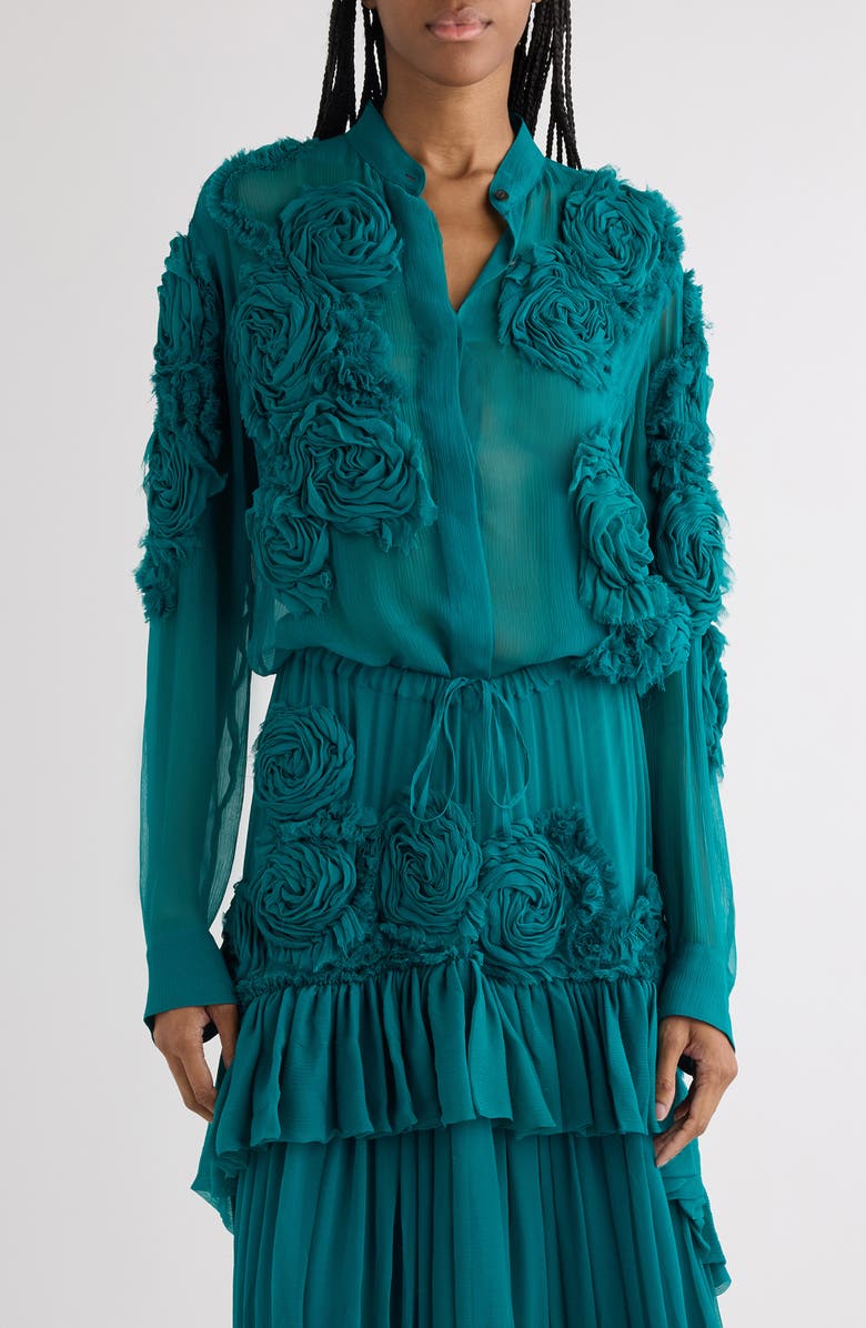 Dries Van Noten Chowsa Flower Appliqué Button-Up Shirt, Main, color, Petrol