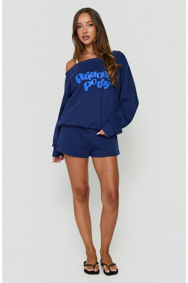 Aaleah Graphic Off the Shoulder Sweatshirt, Alternate, color, NAVY