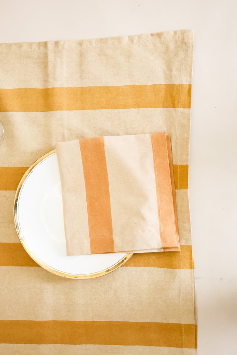 Oh! Stripes (Rose) Block Print Napkins, Set of 4, Main, color, Ochre